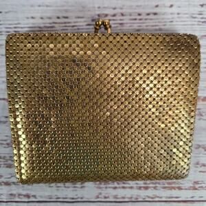 Vtg Whiting & Davis Gold Tone Mesh Wallet Kisslock Multi Pocket USA 50's Flapper